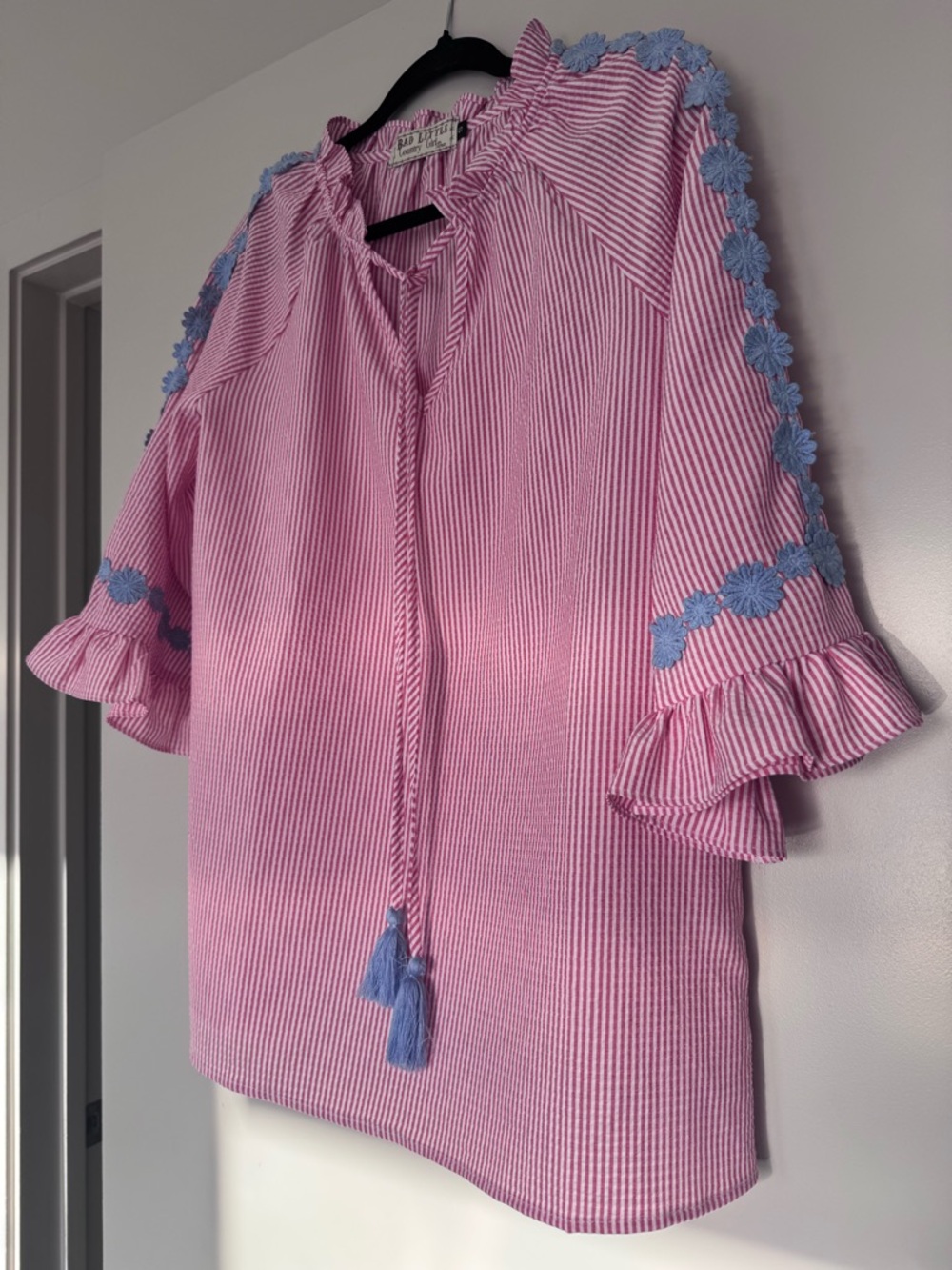 Pink Striped Peasant Blouse with Blue Floral Trim
